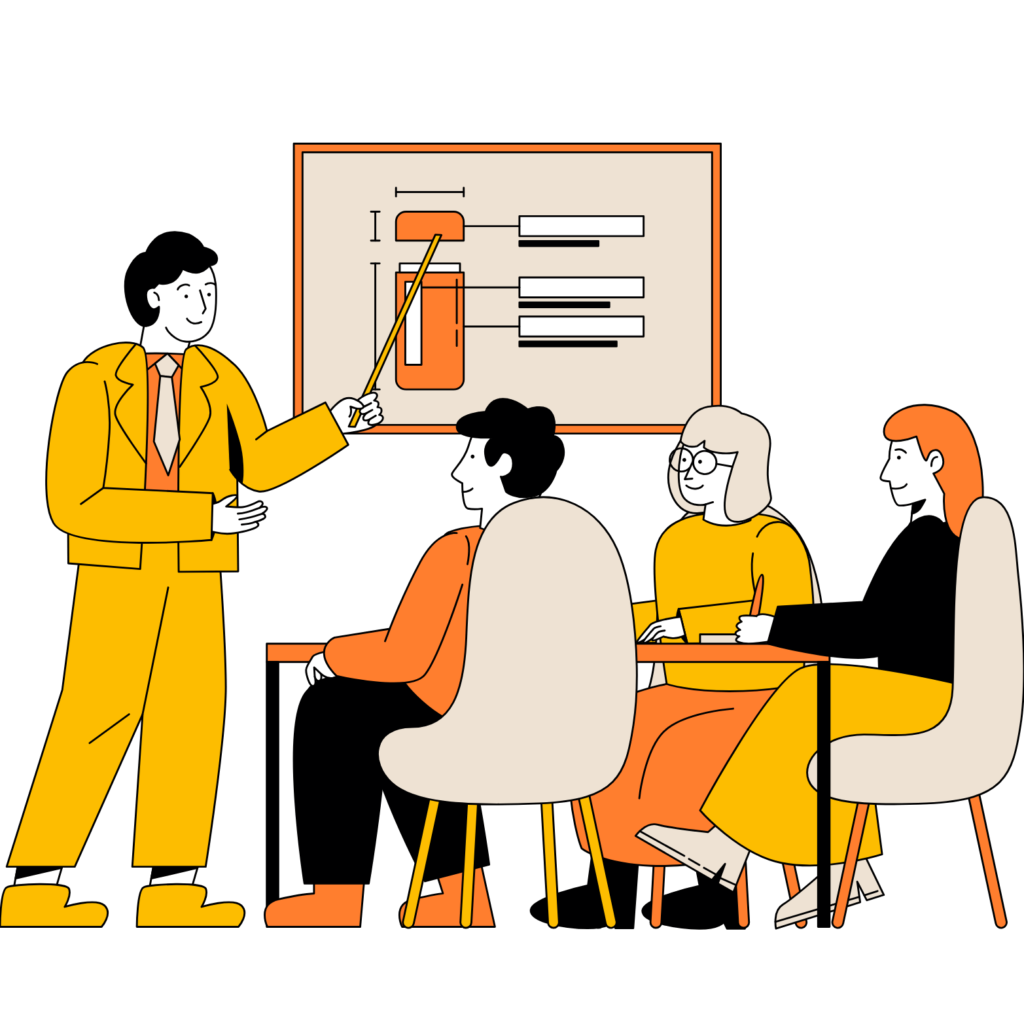 Trener prowadzący prezentację dla grupy uczestników szkolenia siedzących przy stole