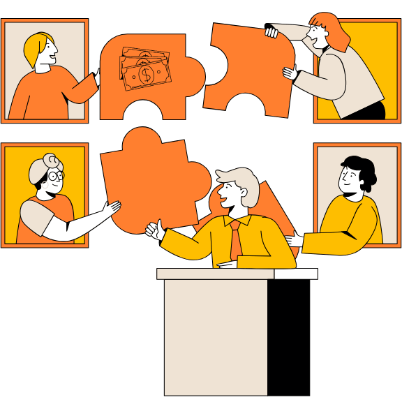 Osoby składające puzzle, jednym z nich jest symbol pieniądza